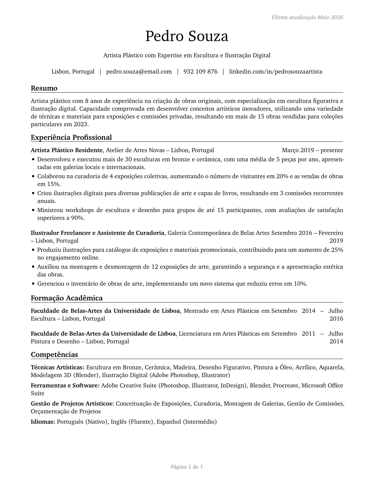 Fine Artists, Including Painters, Sculptors, and Illustrators CV in Portuguese — page 1
