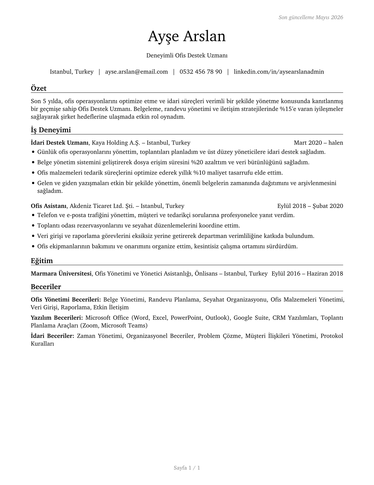 Office and Administrative Support Workers, All Other CV in Turkish — page 1