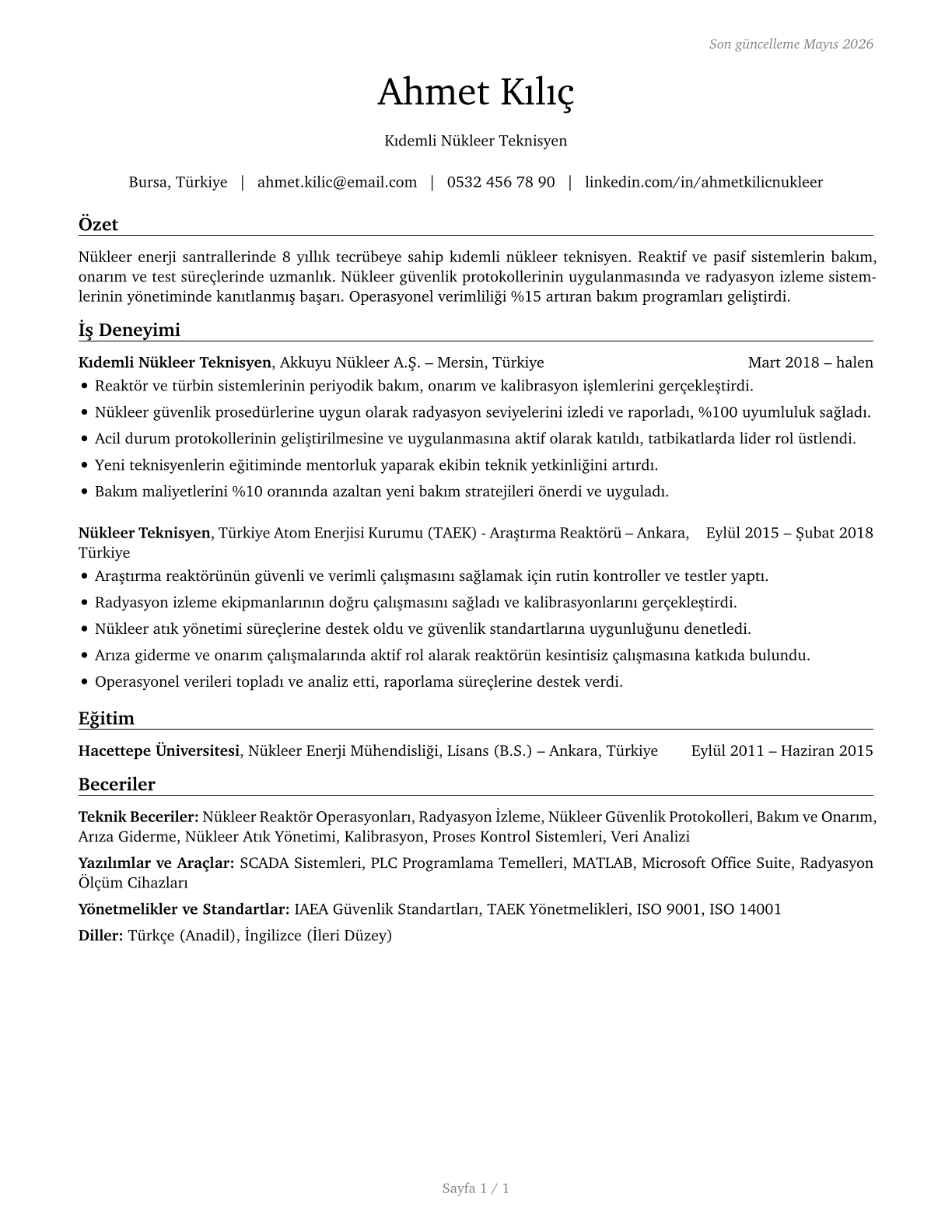 Nuclear Technicians CV in Turkish — page 1