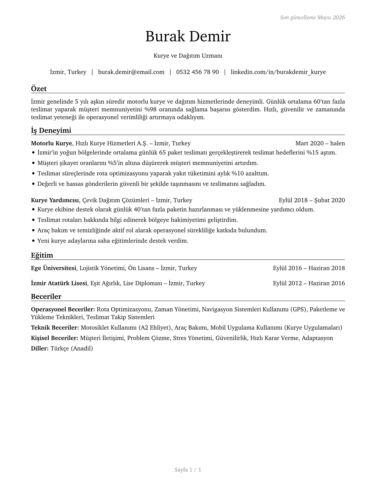 Couriers and Messengers CV in Turkish — page 1