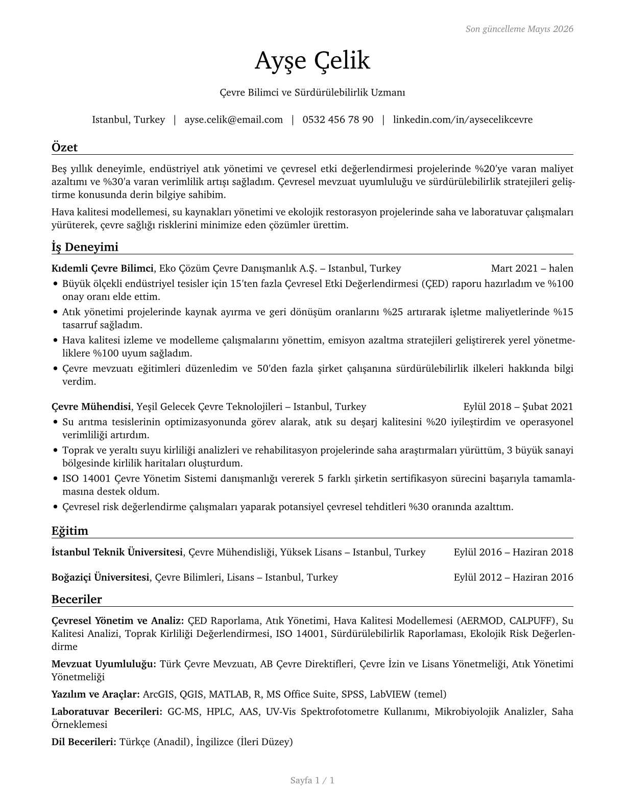 Environmental Scientists and Specialists, Including Health CV in Turkish — page 1
