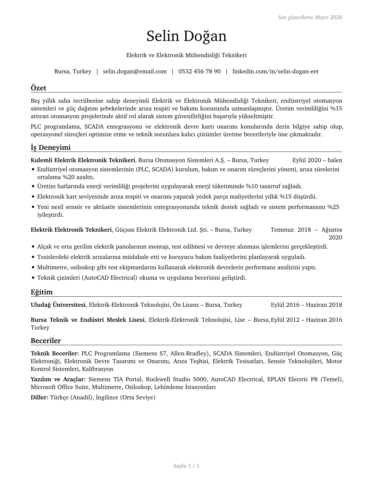 Electrical and Electronic Engineering Technologists and Technicians CV in Turkish — page 1