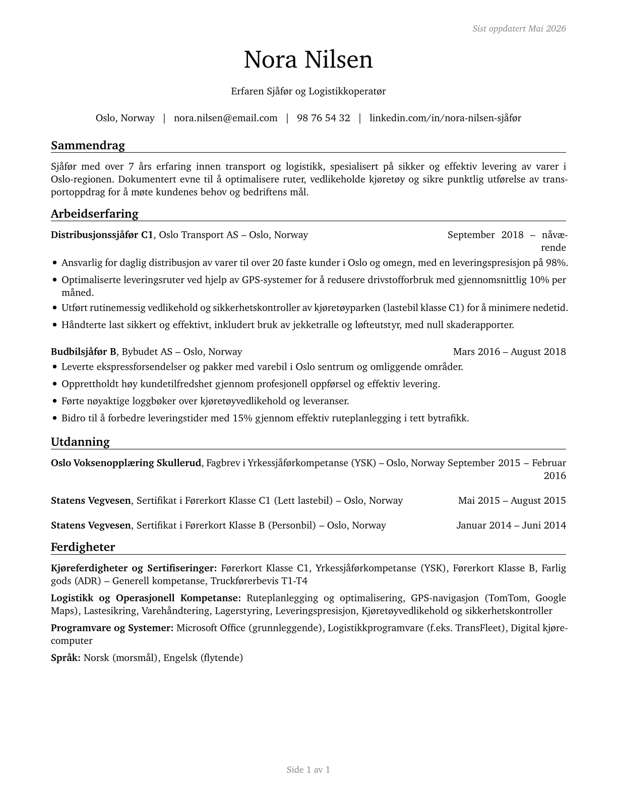Motor Vehicle Operators, All Other CV in Norwegian_bokmal — page 1