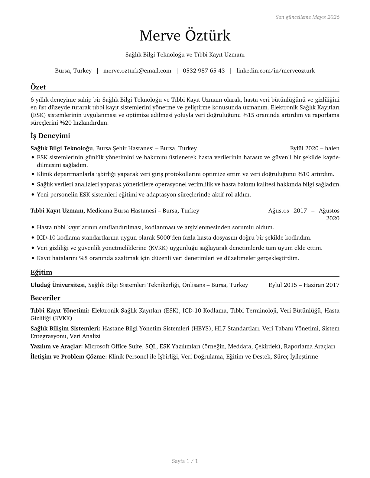 Health Information Technologists and Medical Registrars CV in Turkish — page 1