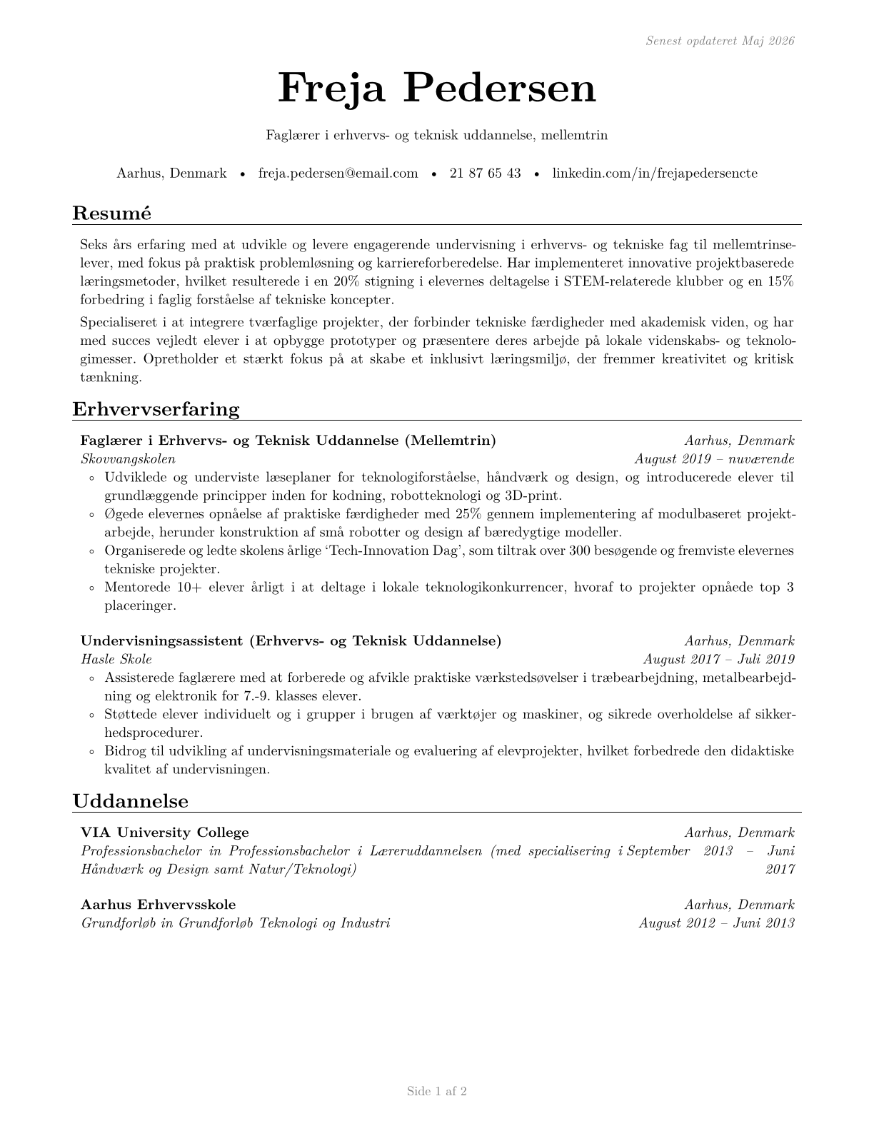 Career/Technical Education Teachers, Middle School CV in Danish — page 1