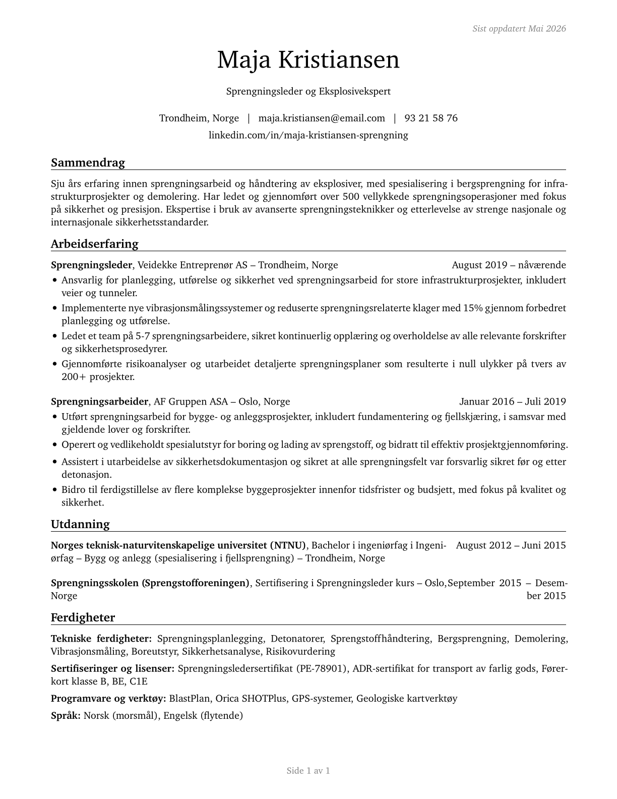Explosives Workers, Ordnance Handling Experts, and Blasters CV in Norwegian_bokmal — page 1