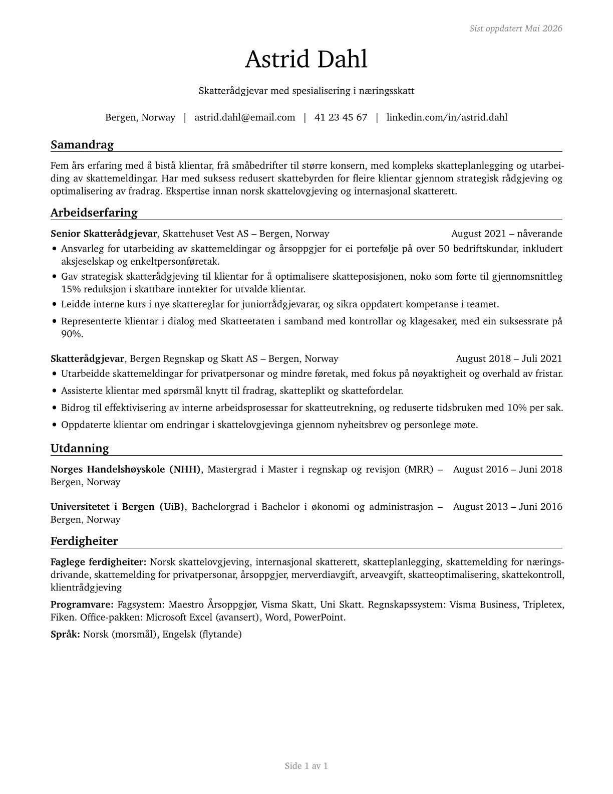 Tax Preparers CV in Norwegian_nynorsk — page 1