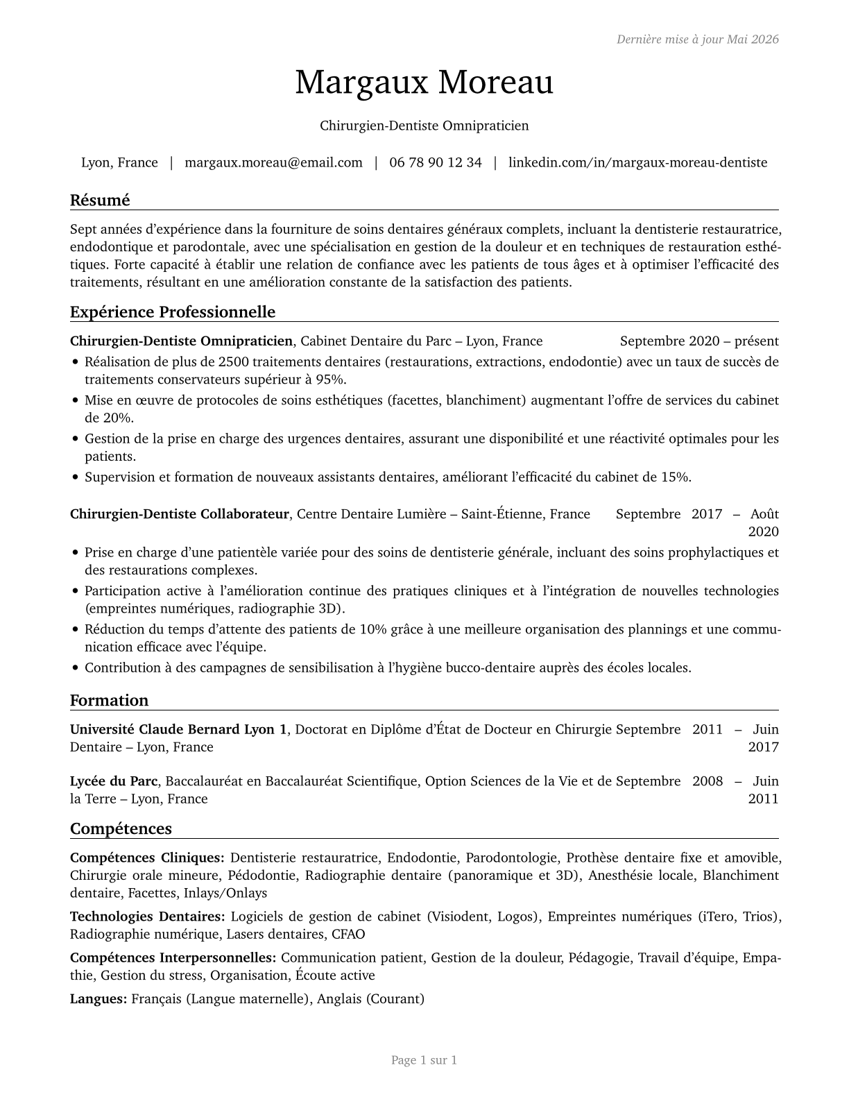 Dentists, General CV in French — page 1