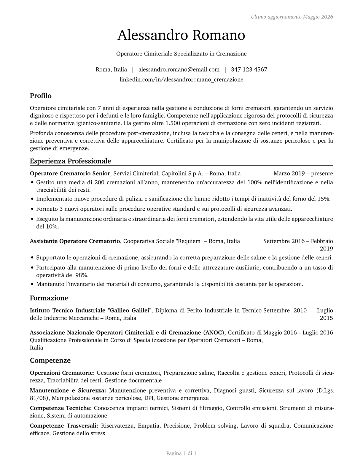 Crematory Operators CV in Italian — page 1