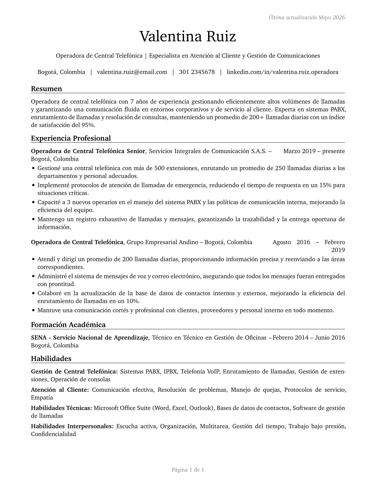 Switchboard Operators, Including Answering Service CV in Spanish — page 1