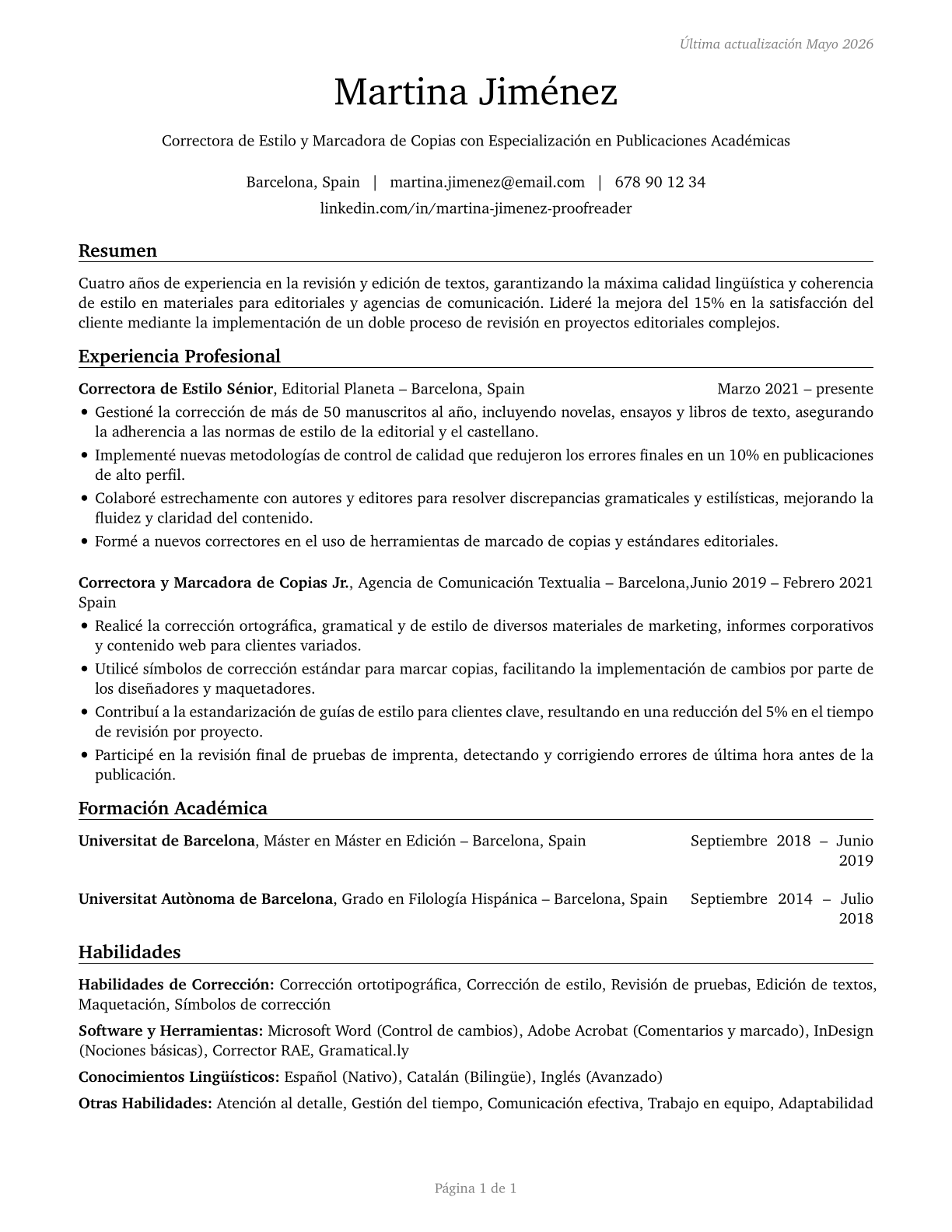 Proofreaders and Copy Markers CV in Spanish — page 1