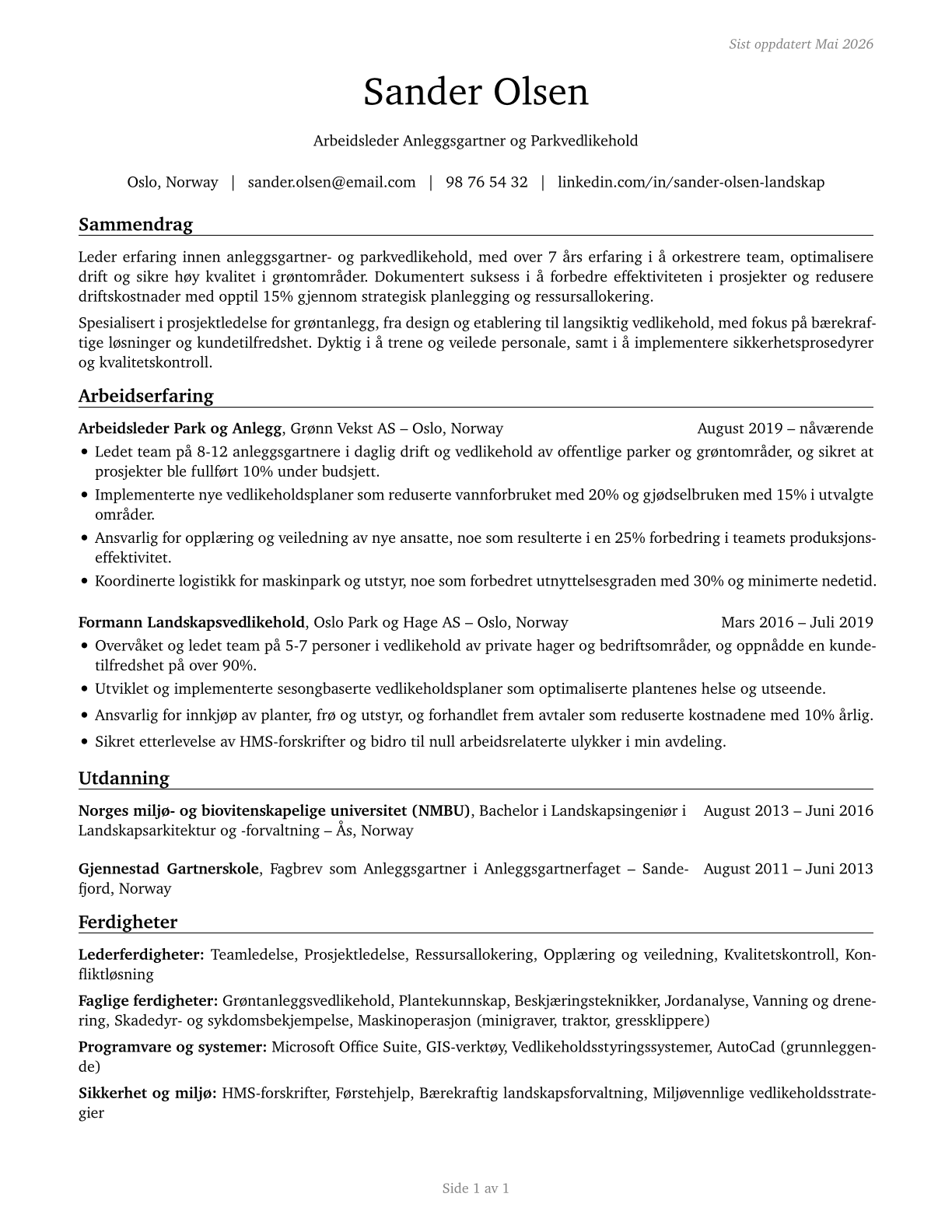 First-Line Supervisors of Landscaping, Lawn Service, and Groundskeeping Workers CV in Norwegian_bokmal — page 1