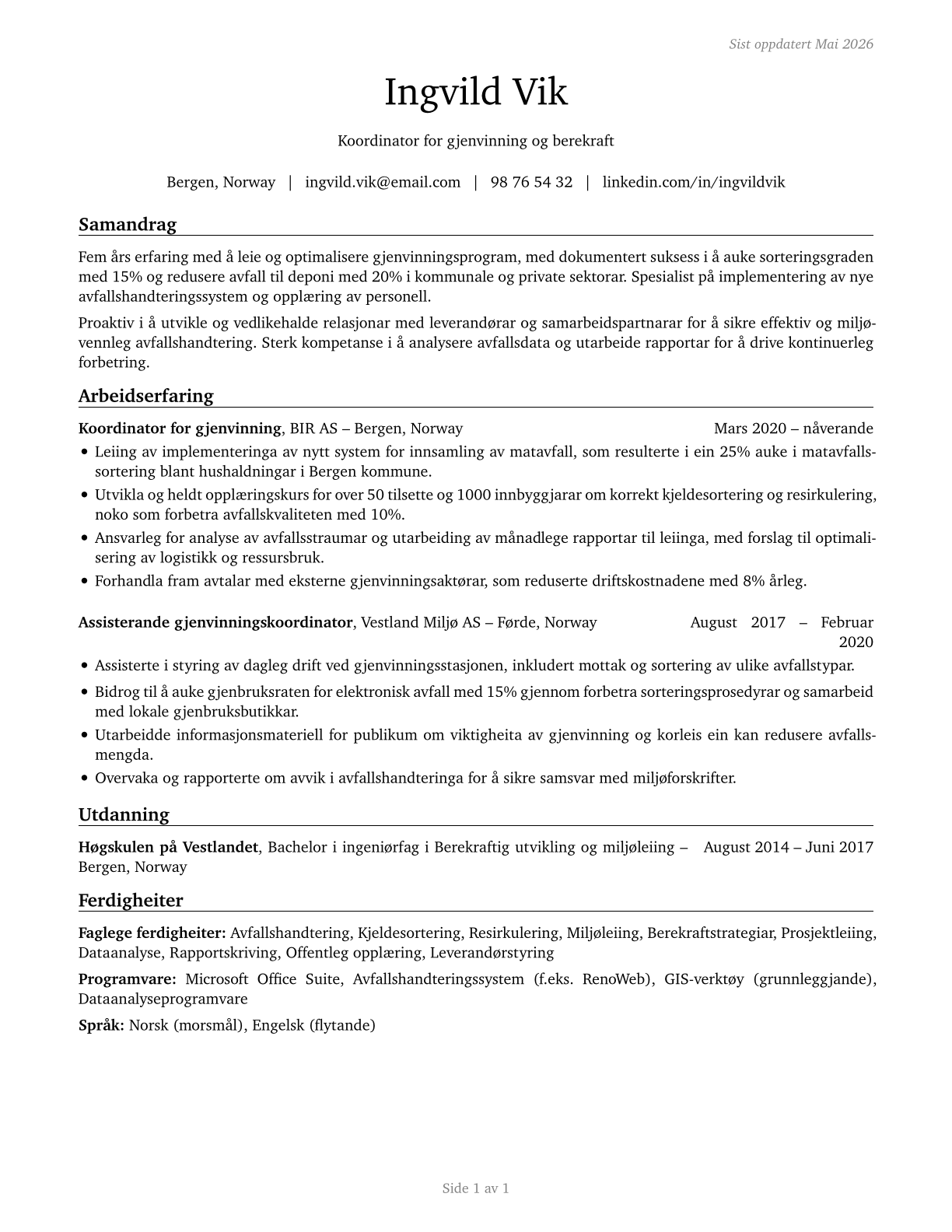 Recycling Coordinators CV in Norwegian_nynorsk — page 1