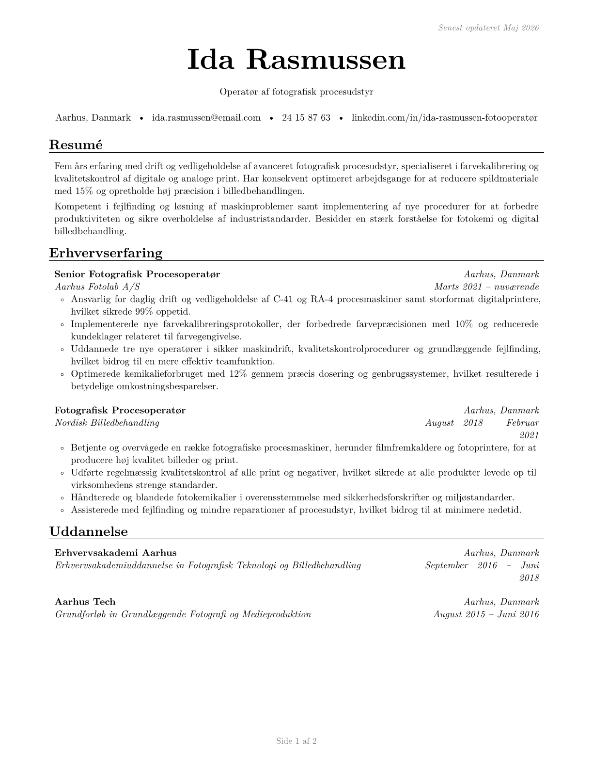 Photographic Process Workers and Processing Machine Operators CV in Danish — page 1