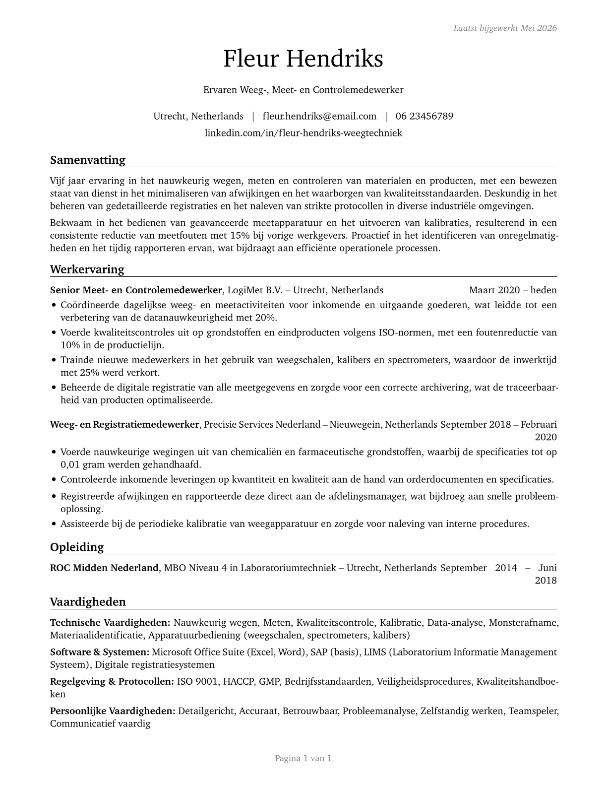 Weighers, Measurers, Checkers, and Samplers, Recordkeeping CV in Dutch — page 1