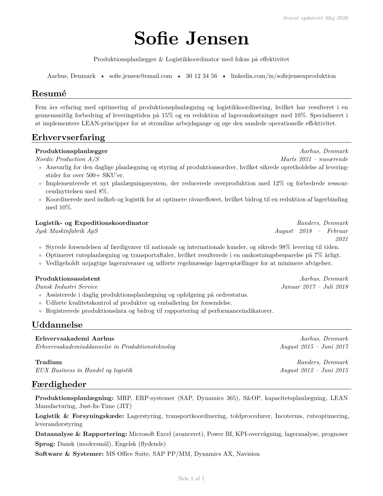 Production, Planning, and Expediting Clerks CV in Danish — page 1