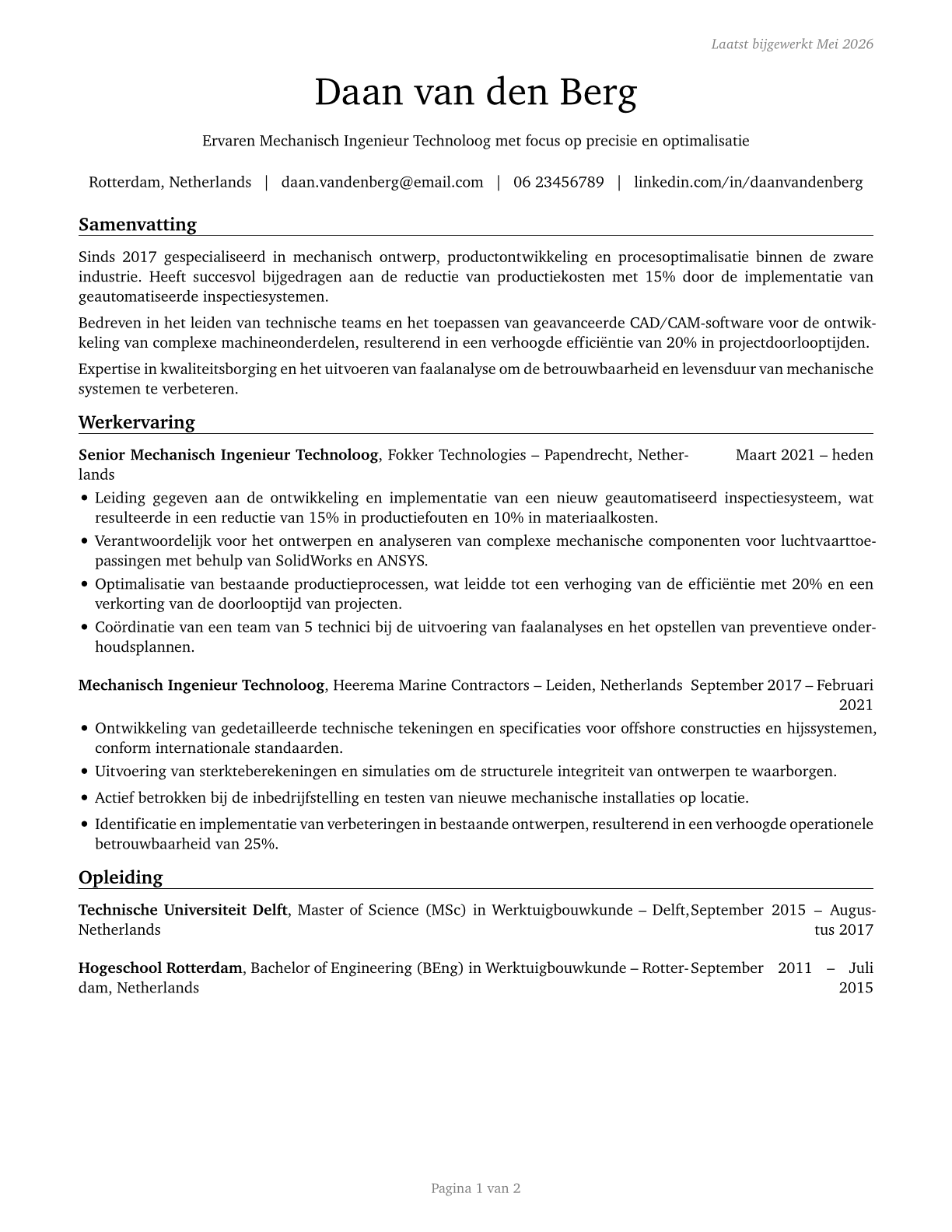Mechanical Engineering Technologists and Technicians CV in Dutch — page 1