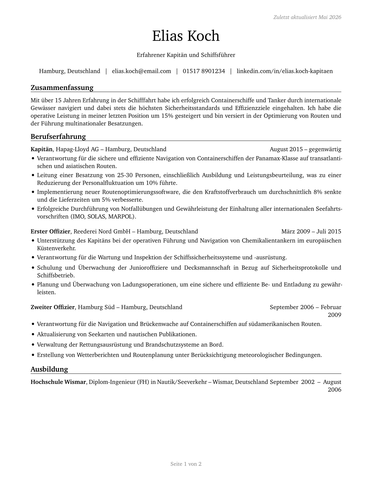 Captains, Mates, and Pilots of Water Vessels CV in German — page 1