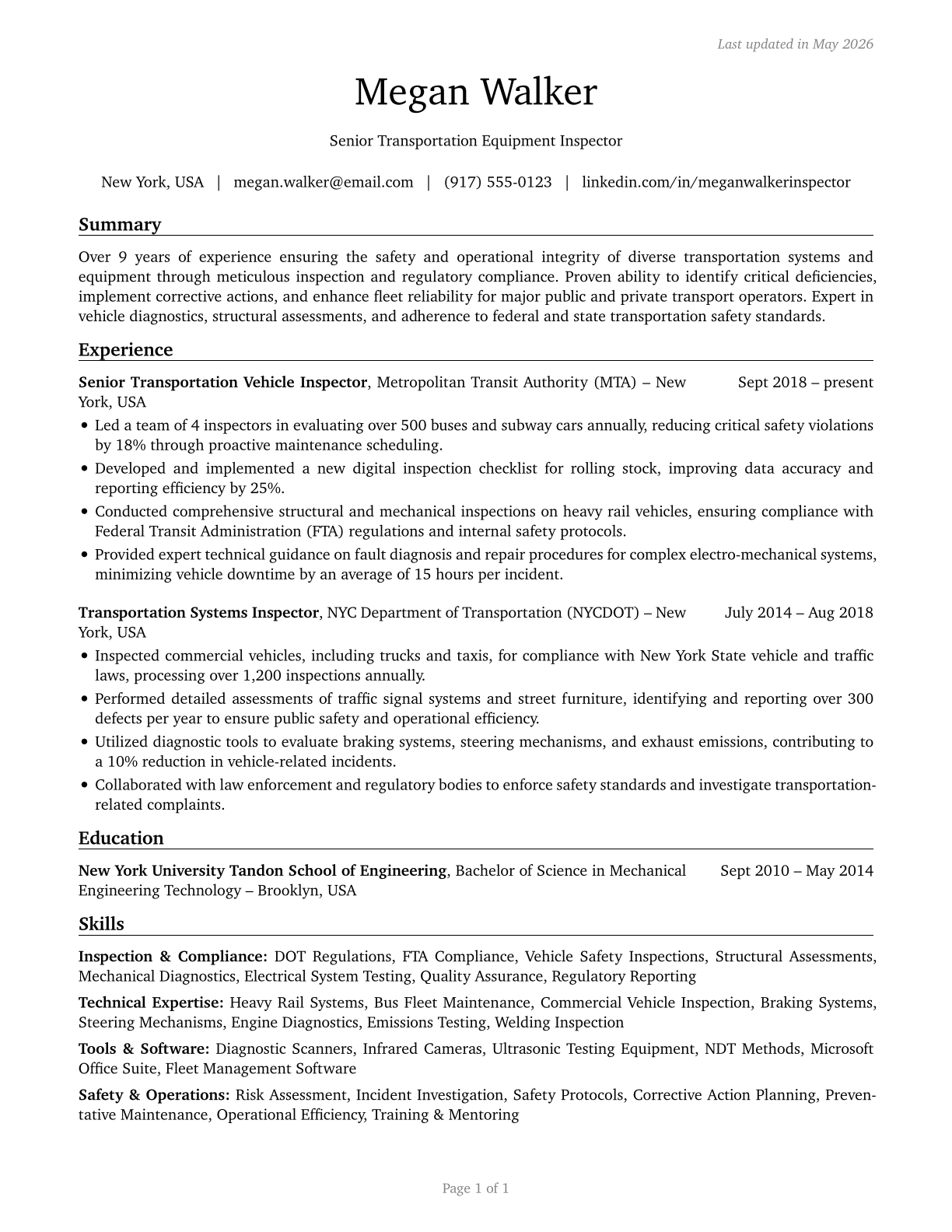 Transportation Vehicle, Equipment and Systems Inspectors, Except Aviation CV in English — page 1