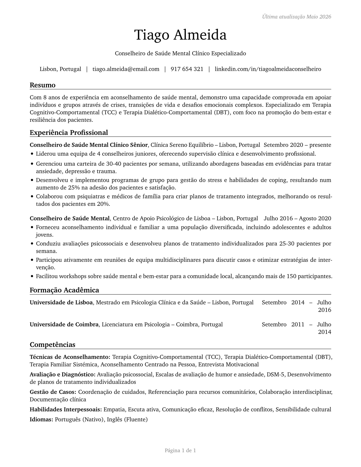 Mental Health Counselors CV in Portuguese — page 1