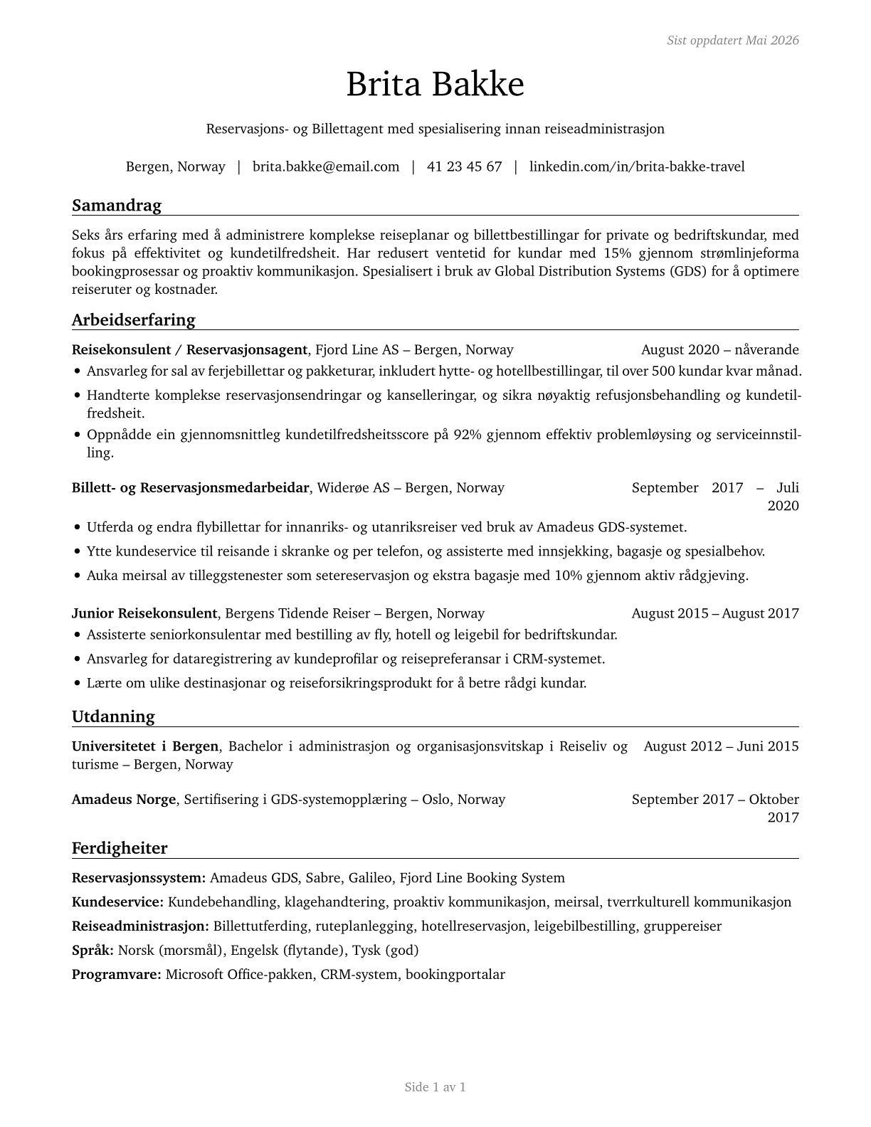 Reservation and Transportation Ticket Agents and Travel Clerks CV in Norwegian_nynorsk — page 1