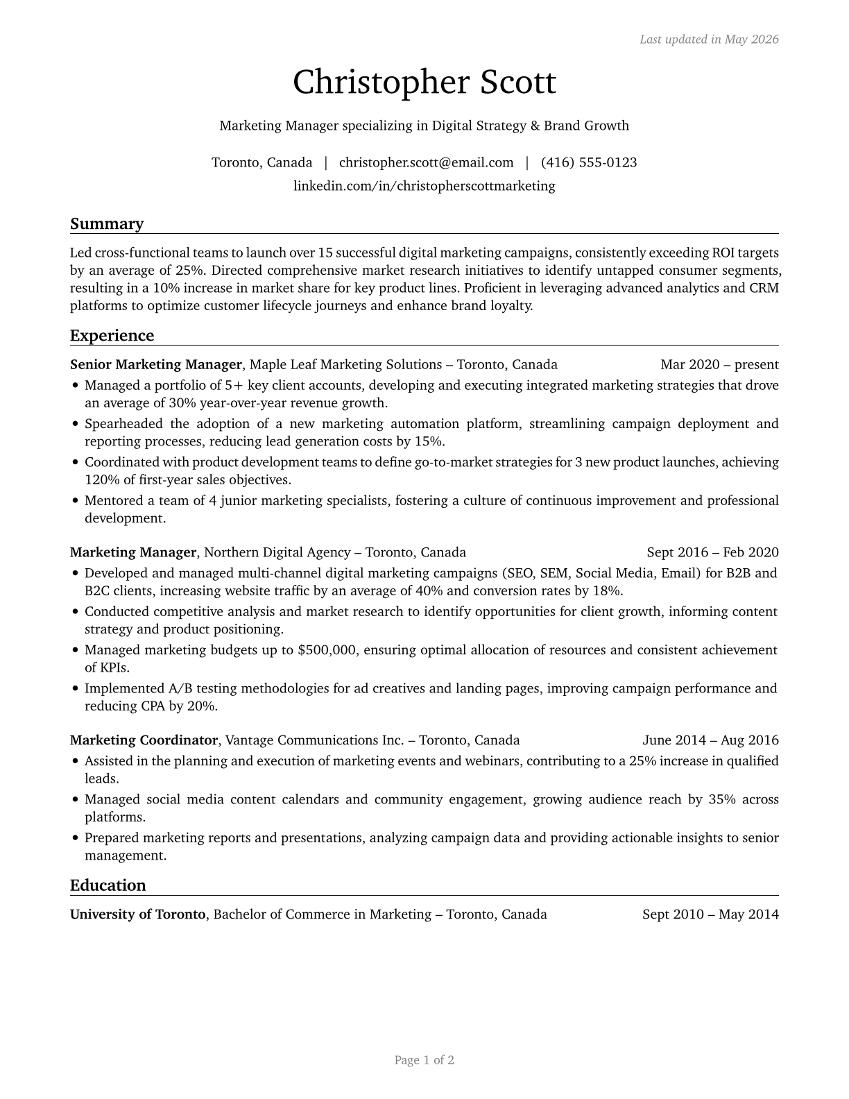 Marketing Managers CV in English — page 1