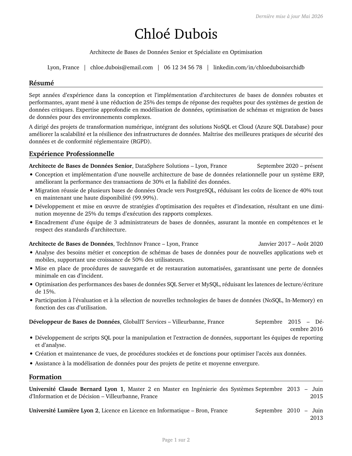 Database Architects CV in French — page 1