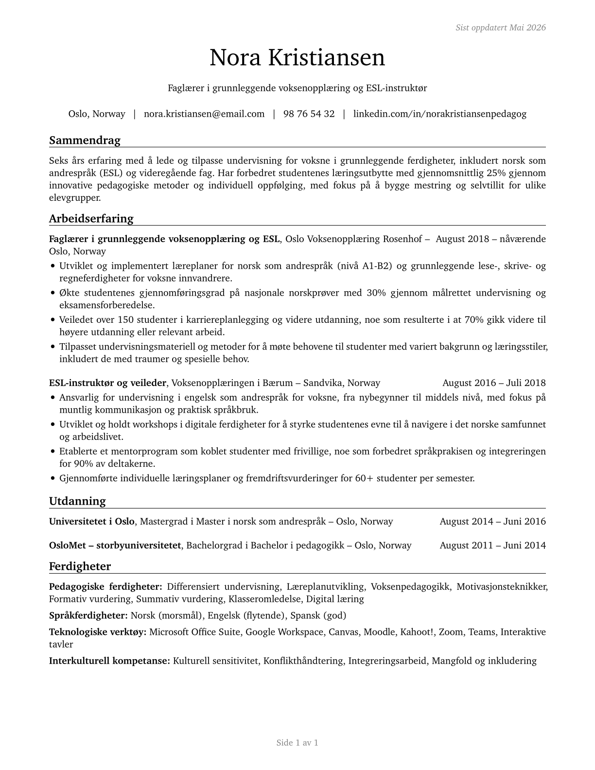 Adult Basic Education, Adult Secondary Education, and English as a Second Language Instructors CV in Norwegian_bokmal — page 1