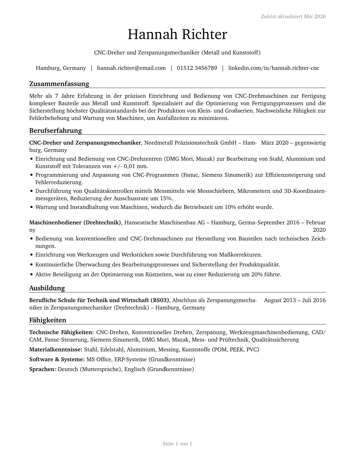 Lathe and Turning Machine Tool Setters, Operators, and Tenders, Metal and Plastic CV in German — page 1