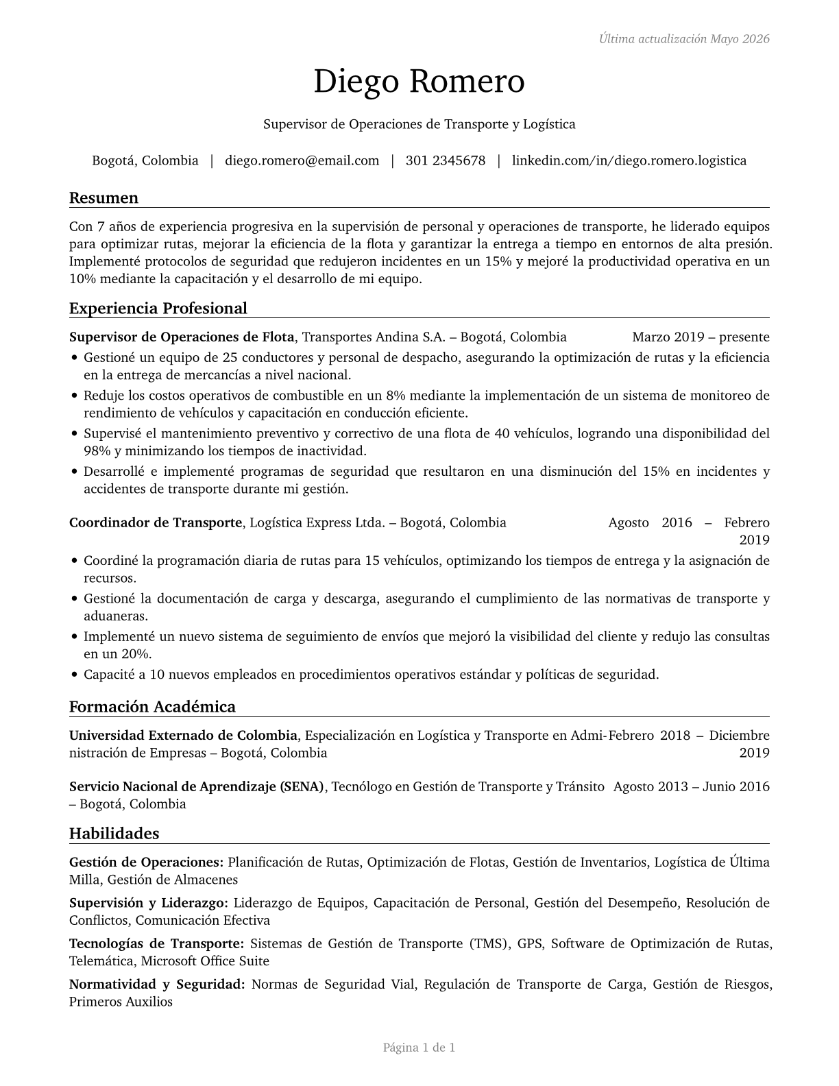 First-Line Supervisors of Transportation Workers, All Other CV in Spanish — page 1