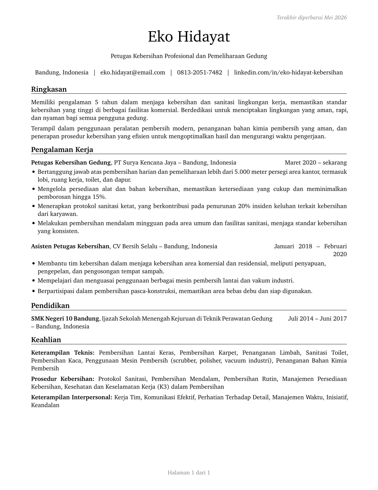 Janitors and Cleaners, Except Maids and Housekeeping Cleaners CV in Indonesian — page 1
