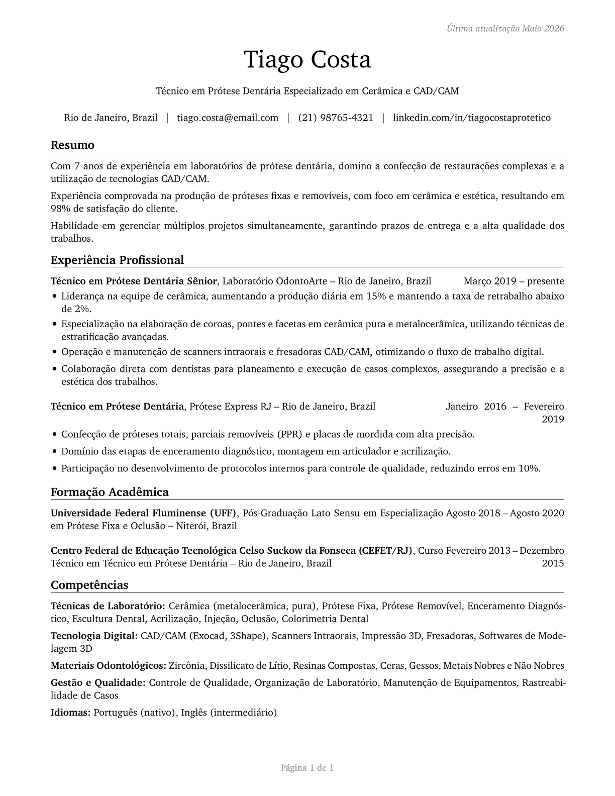 Dental Laboratory Technicians CV in Portuguese — page 1