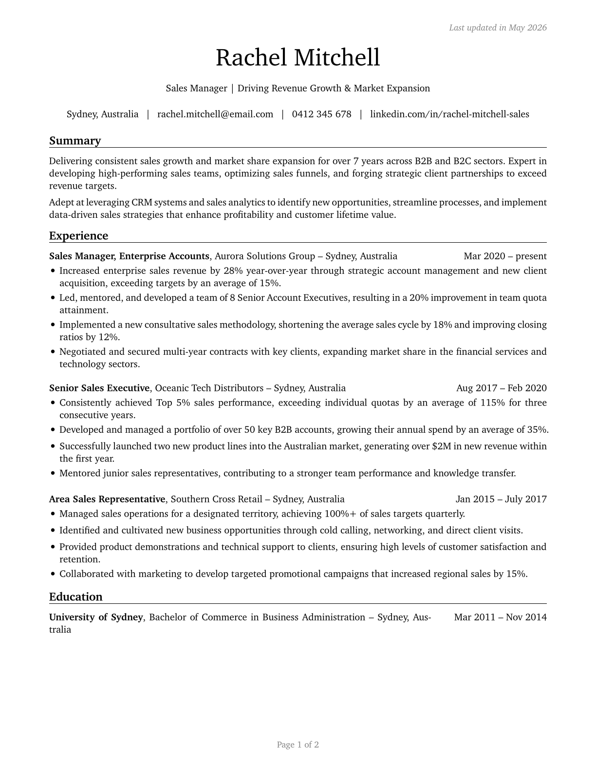 Sales Managers CV in English — page 1