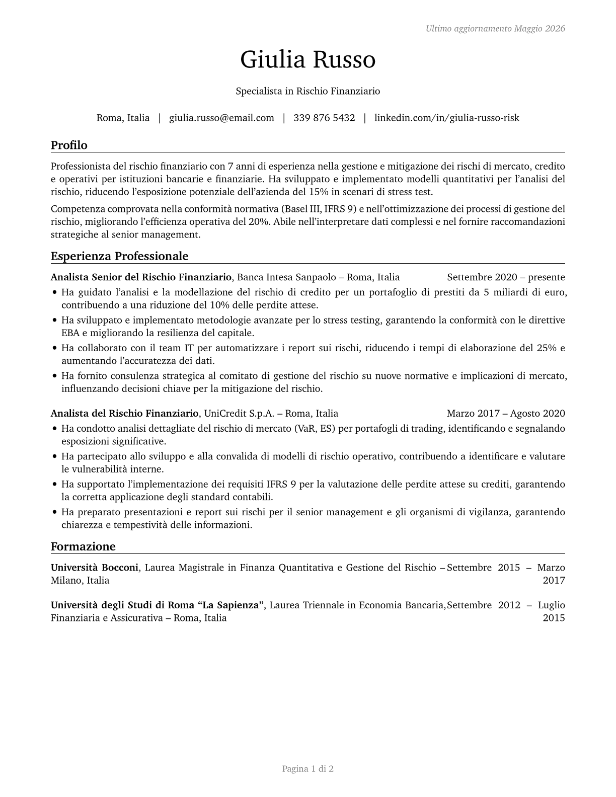 Financial Risk Specialists CV in Italian — page 1
