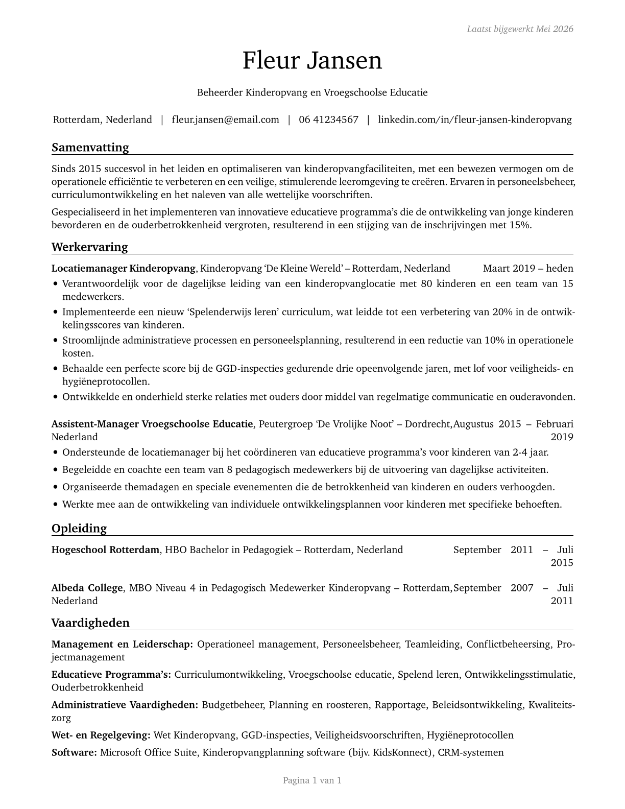 Education and Childcare Administrators, Preschool and Daycare CV in Dutch — page 1