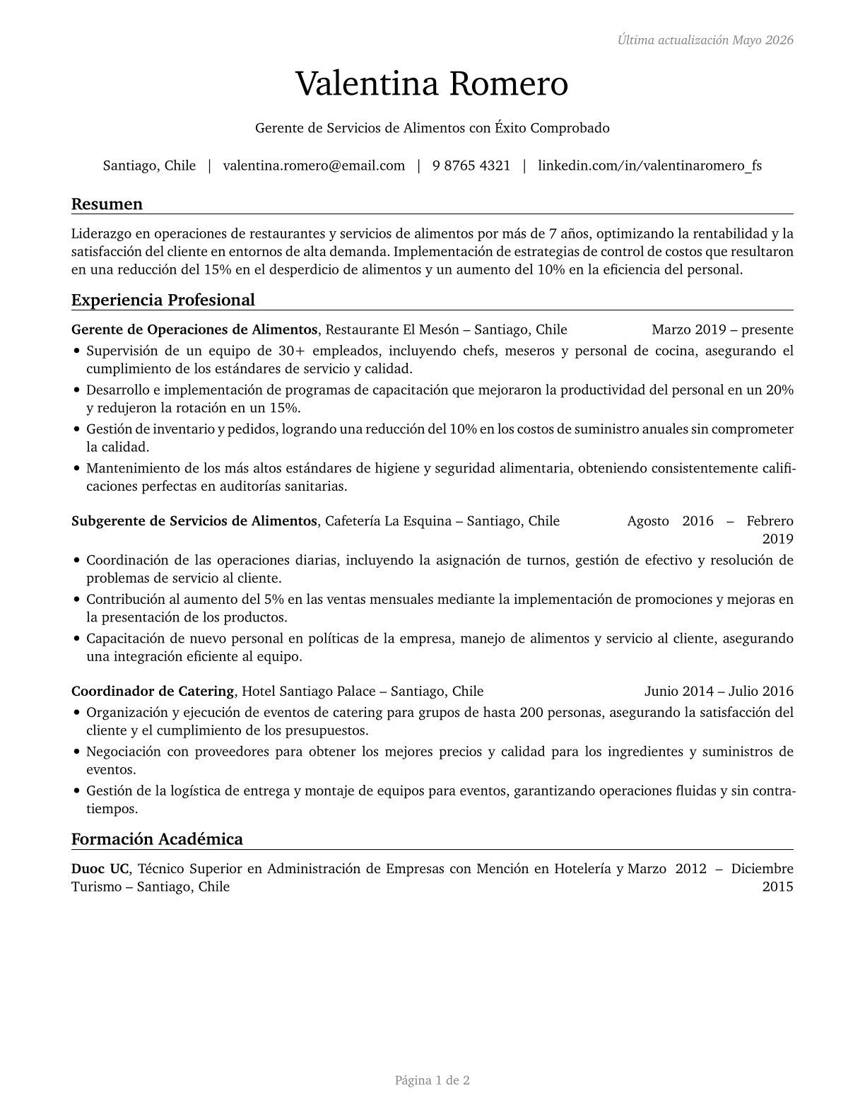 Food Service Managers CV in Spanish — page 1