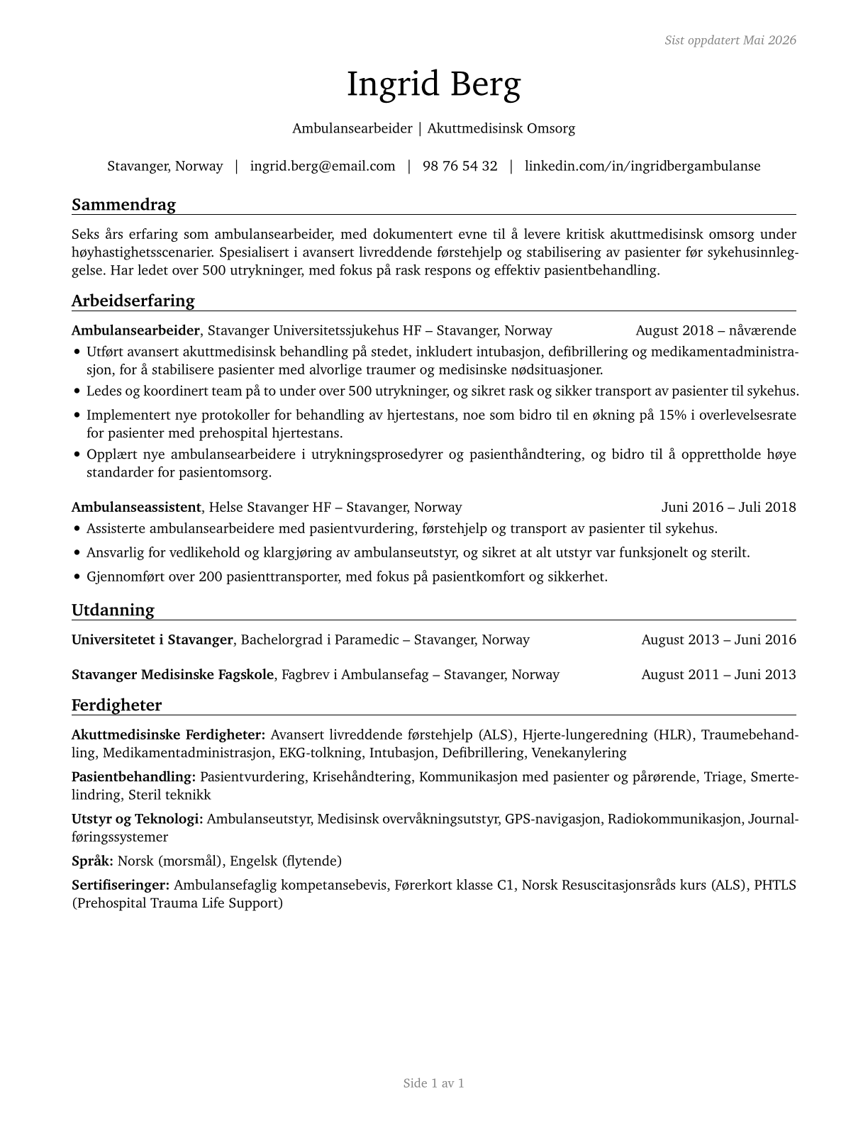 Emergency Medical Technicians CV in Norwegian_bokmal — page 1