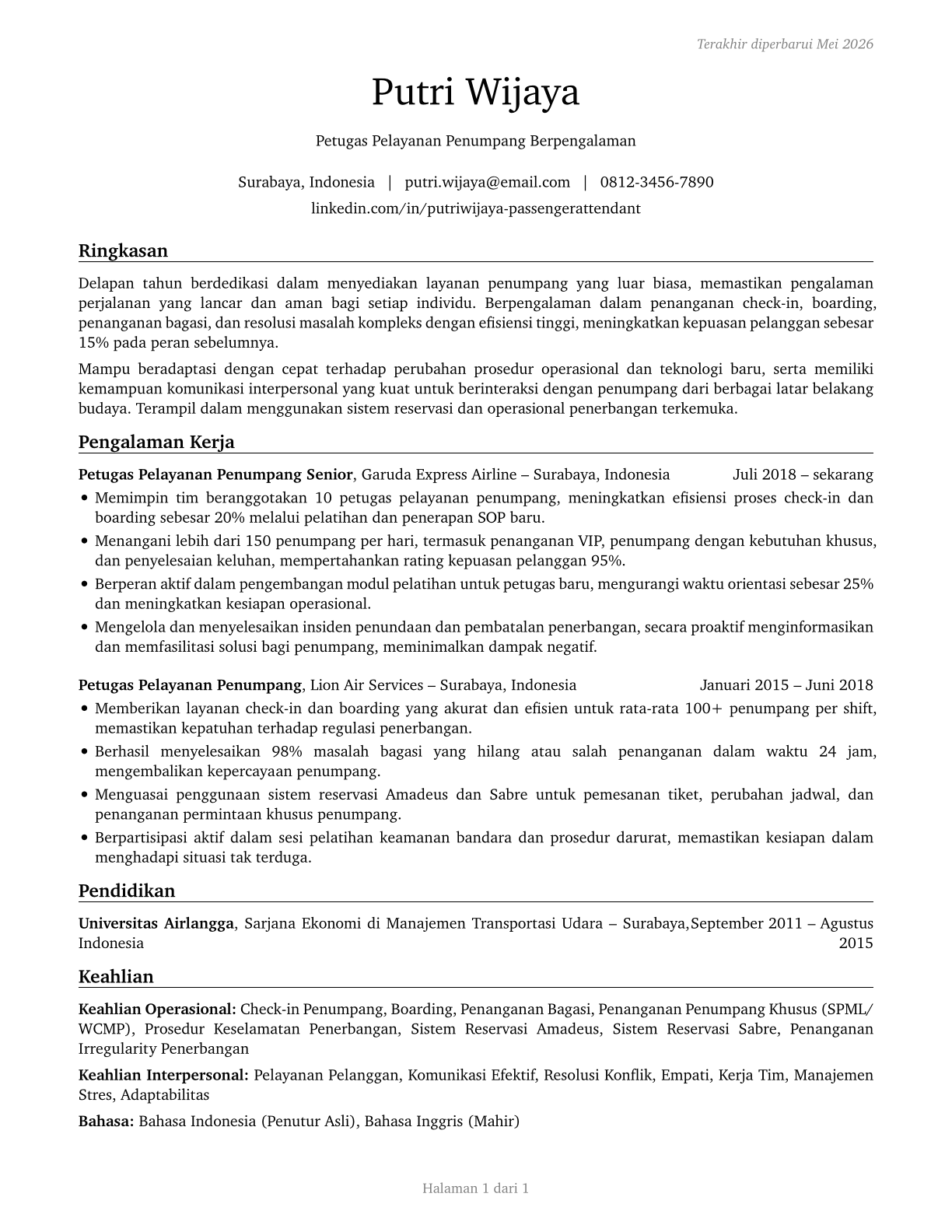 Passenger Attendants CV in Indonesian — page 1