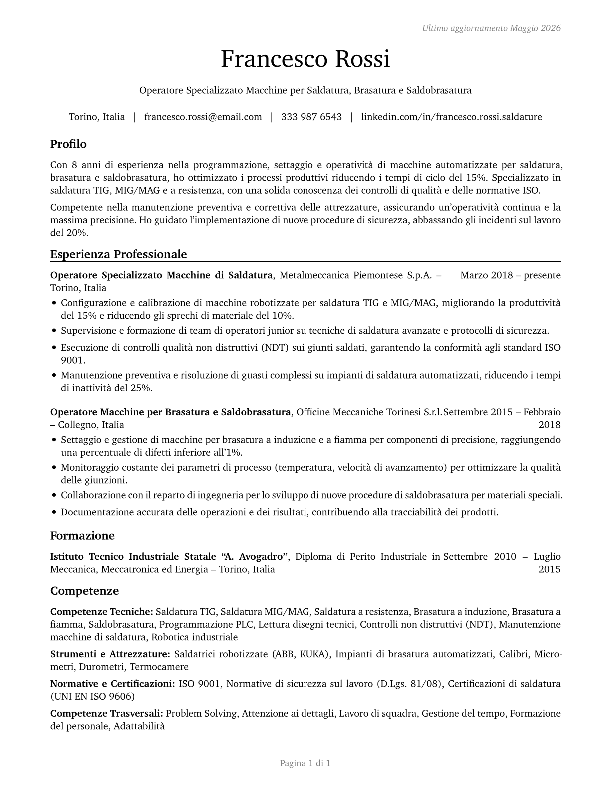 Welding, Soldering, and Brazing Machine Setters, Operators, and Tenders CV in Italian — page 1