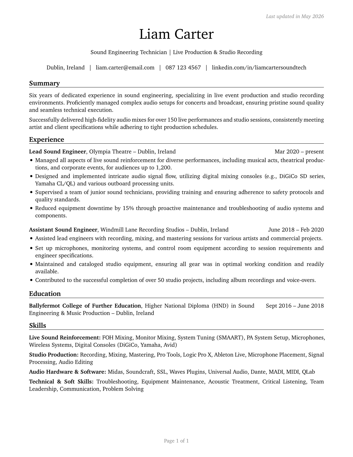 Sound Engineering Technicians CV in English — page 1