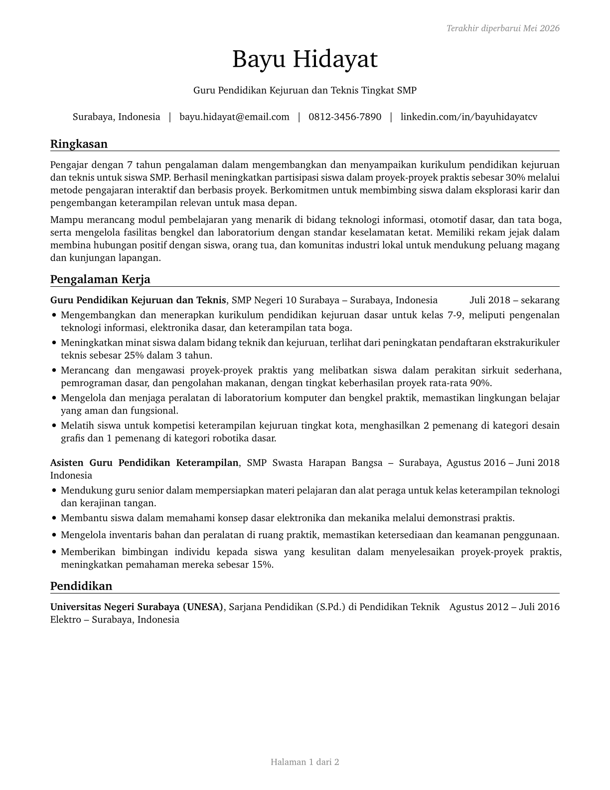 Career/Technical Education Teachers, Middle School CV in Indonesian — page 1