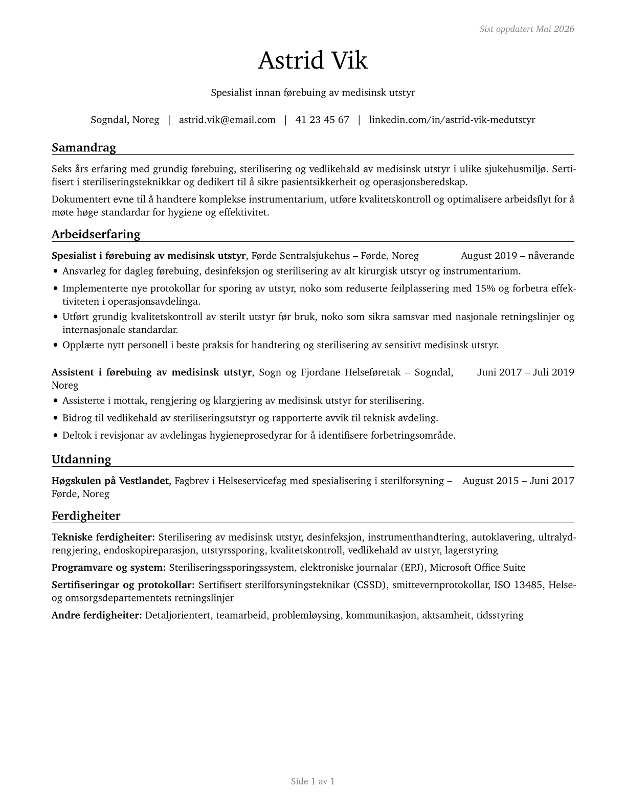 Medical Equipment Preparers CV in Norwegian_nynorsk — page 1