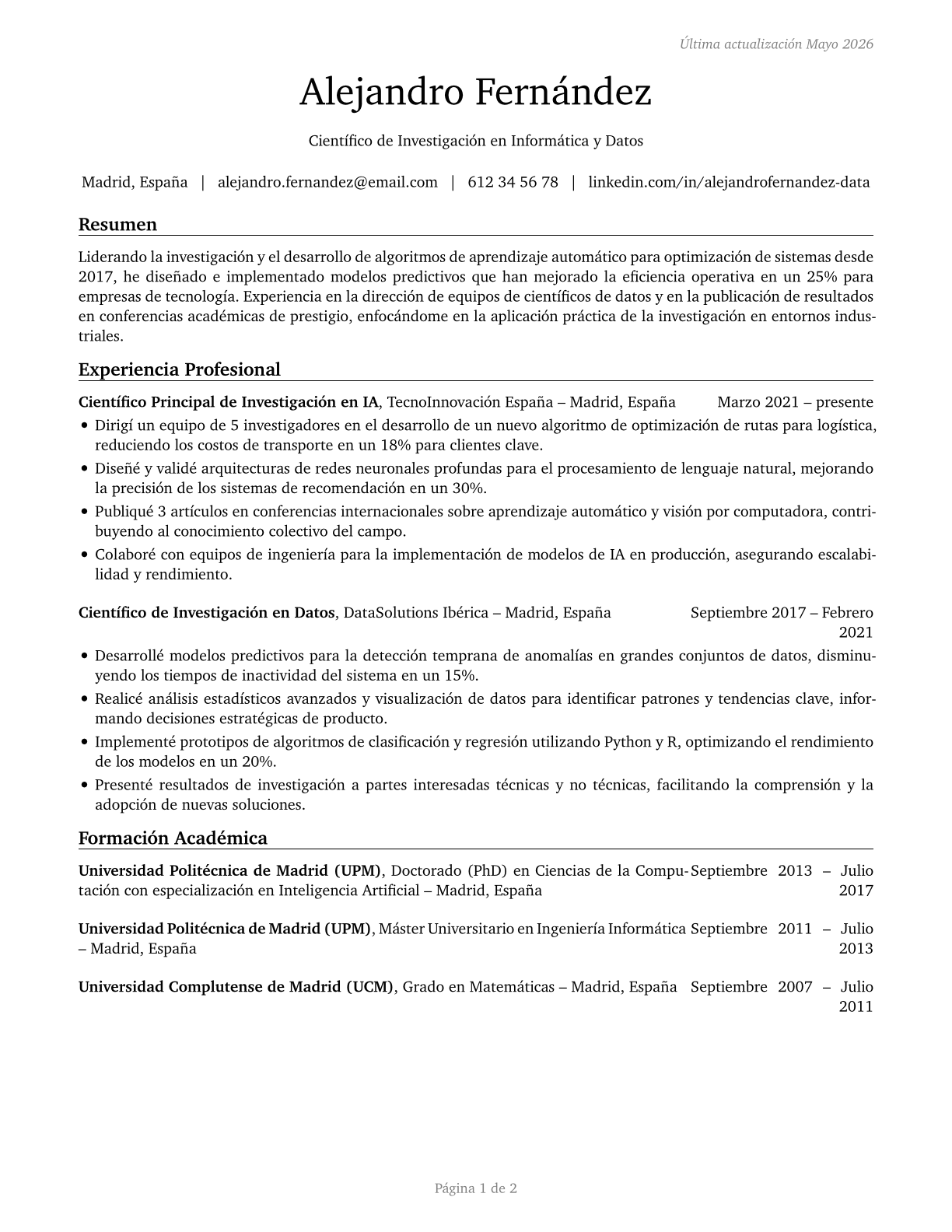 Computer and Information Research Scientists CV in Spanish — page 1