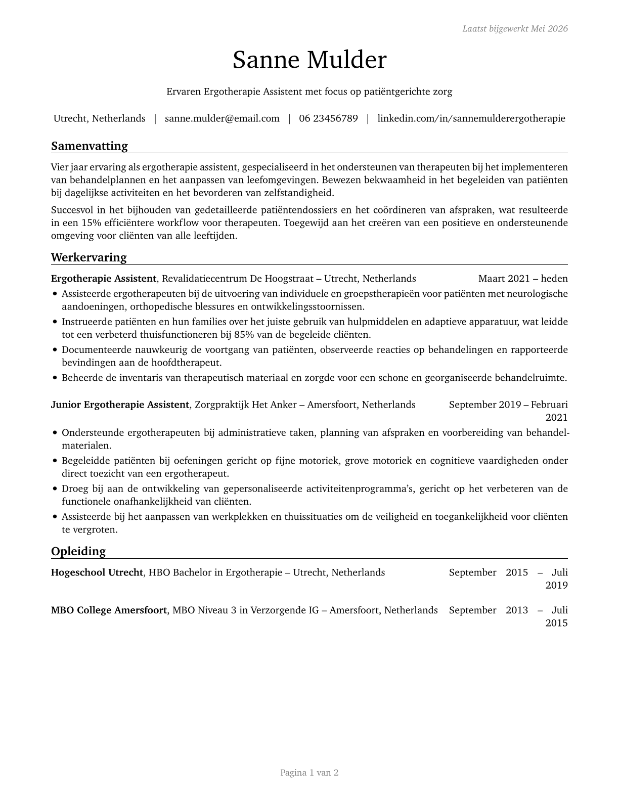 Occupational Therapy Aides CV in Dutch — page 1