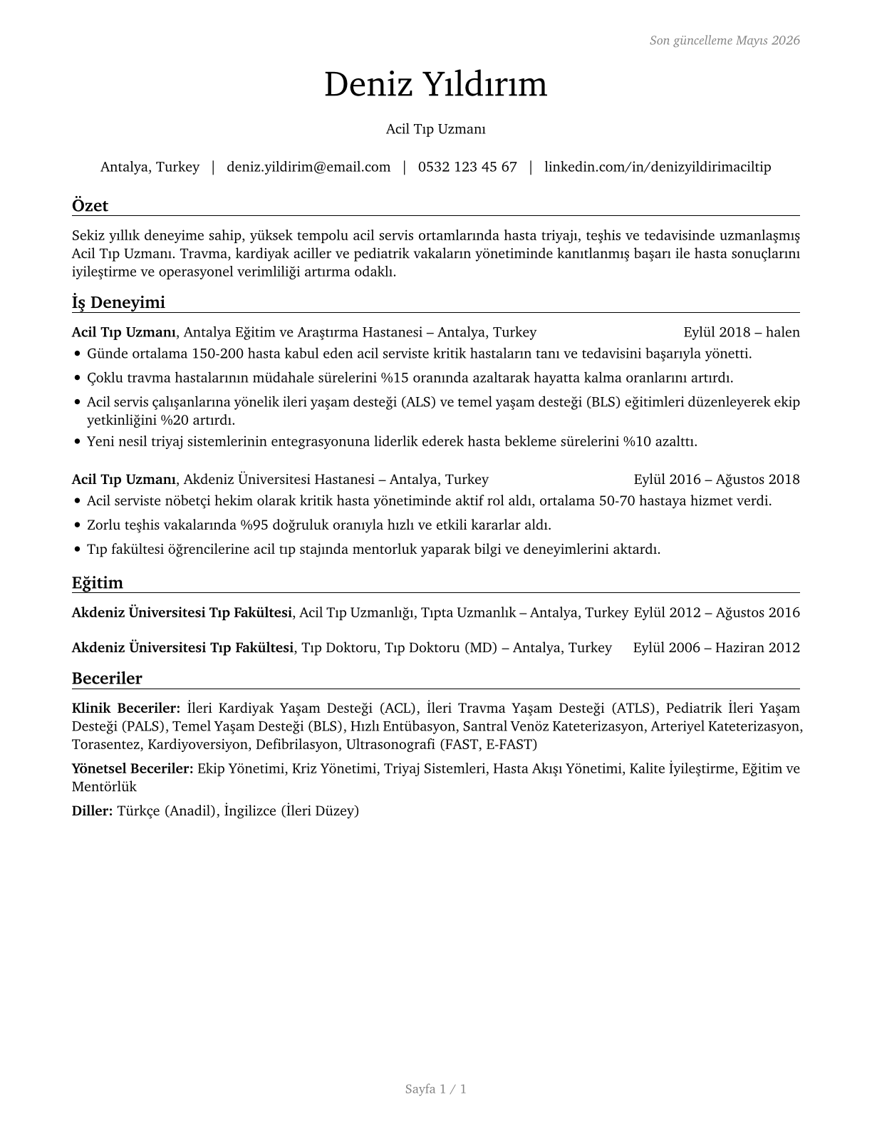 Emergency Medicine Physicians CV in Turkish — page 1