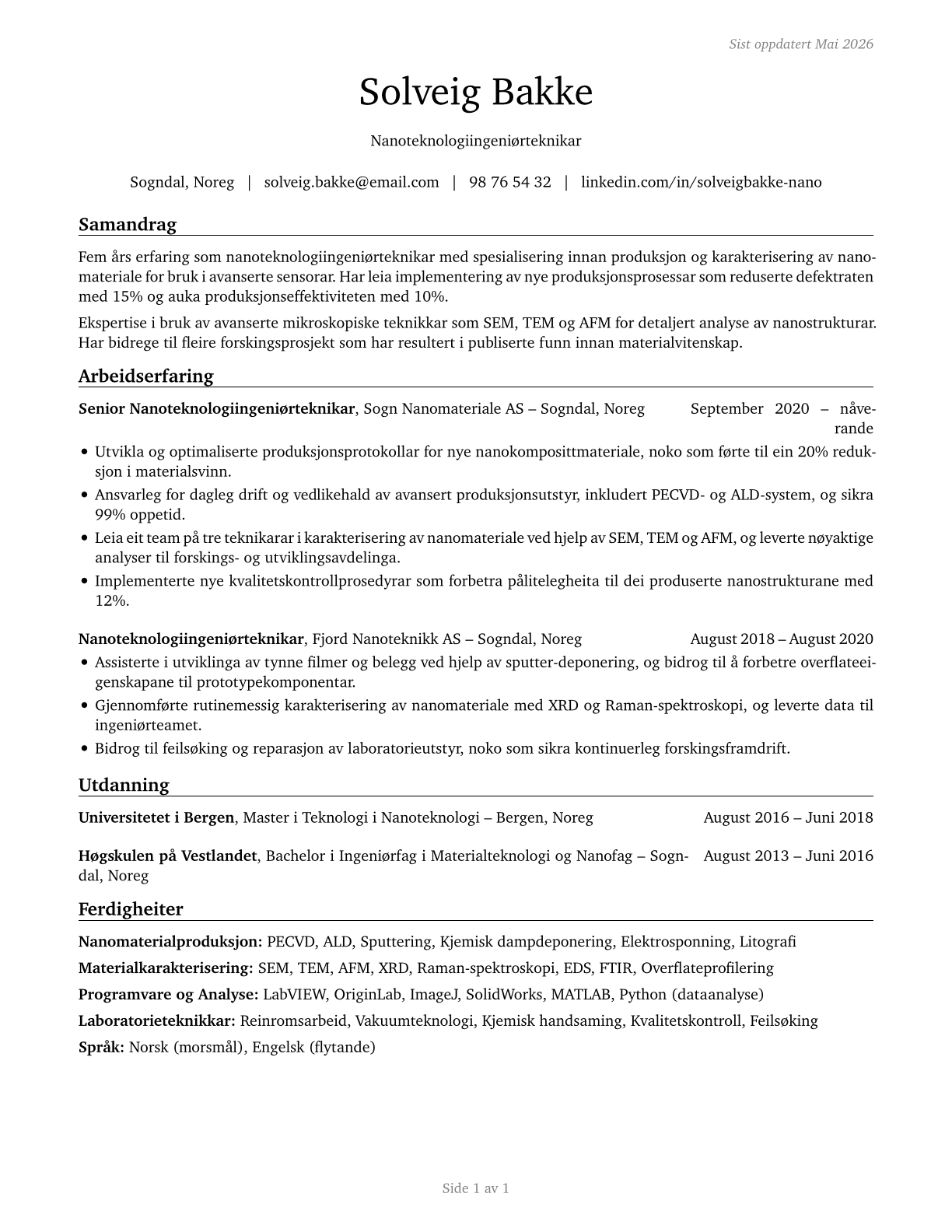Nanotechnology Engineering Technologists and Technicians CV in Norwegian_nynorsk — page 1