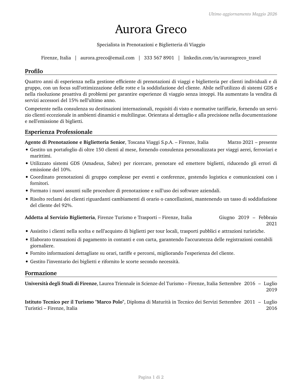 Reservation and Transportation Ticket Agents and Travel Clerks CV in Italian — page 1