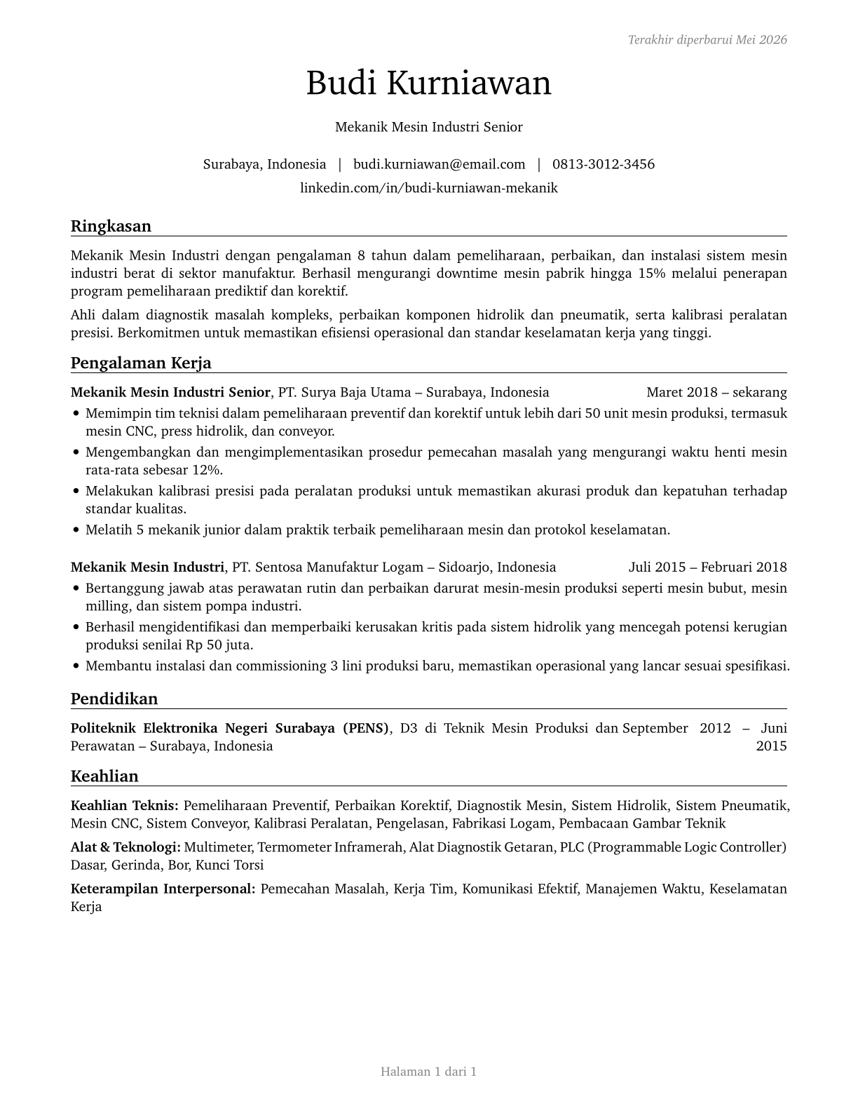 Industrial Machinery Mechanics CV in Indonesian — page 1