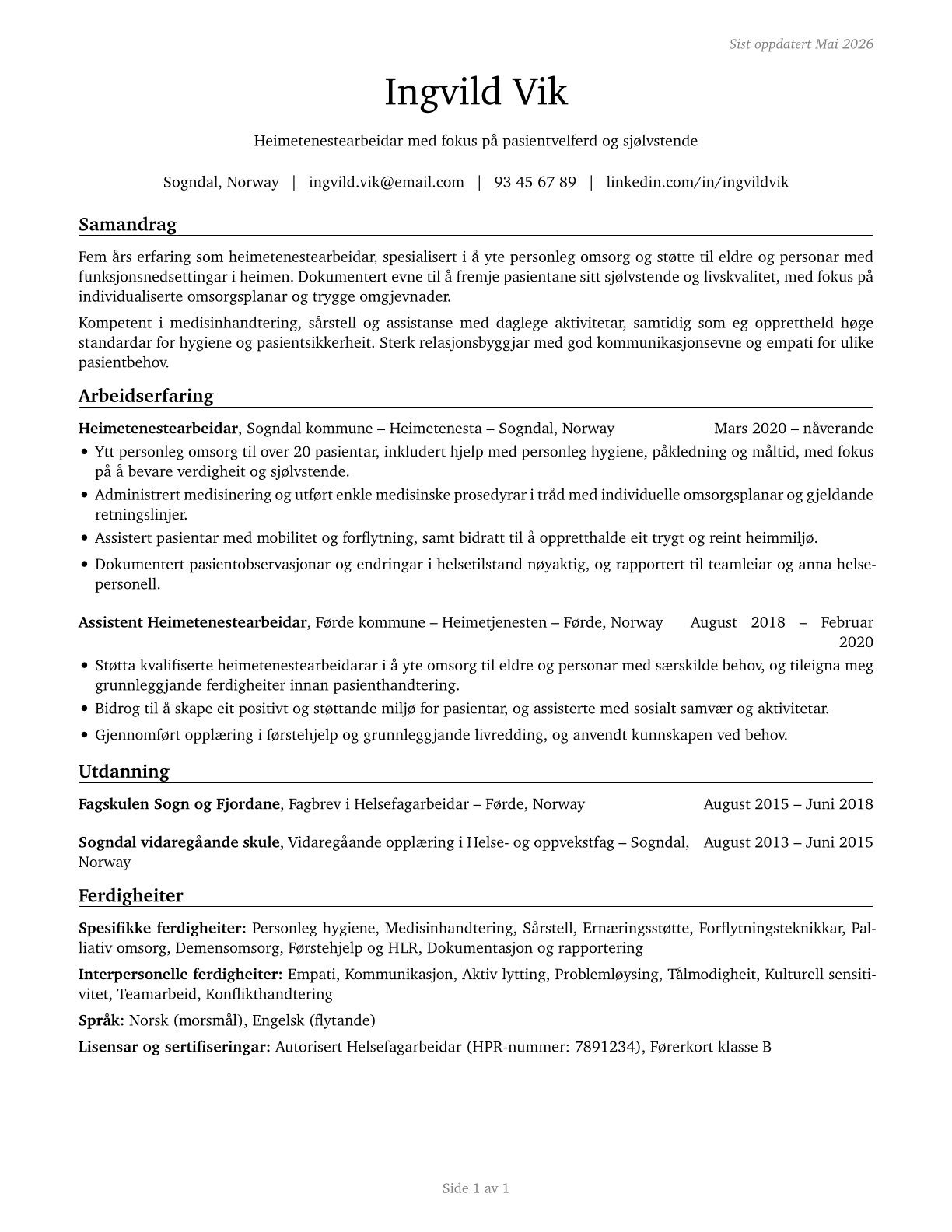 Home Health Aides CV in Norwegian_nynorsk — page 1