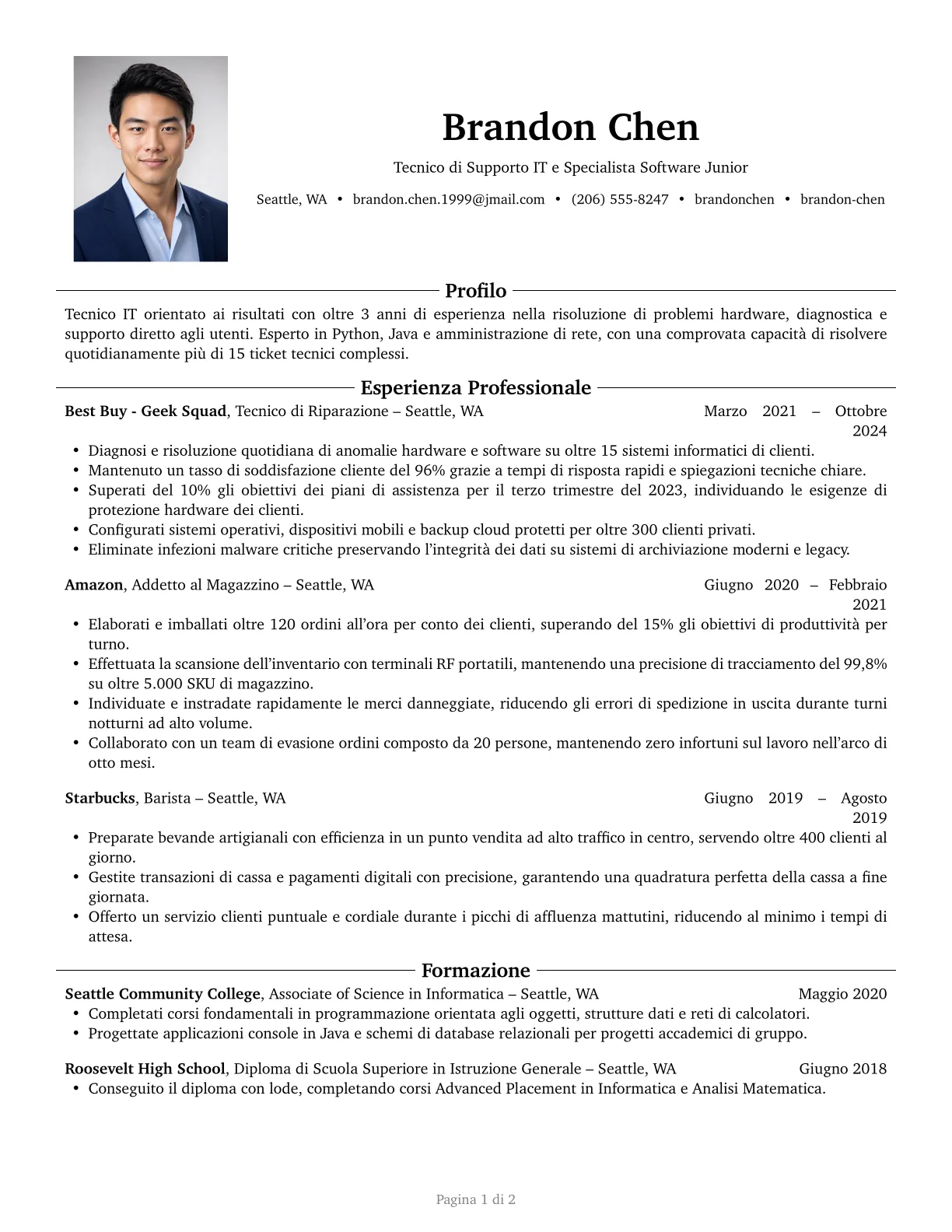 Anteprima del modello CV Harvard